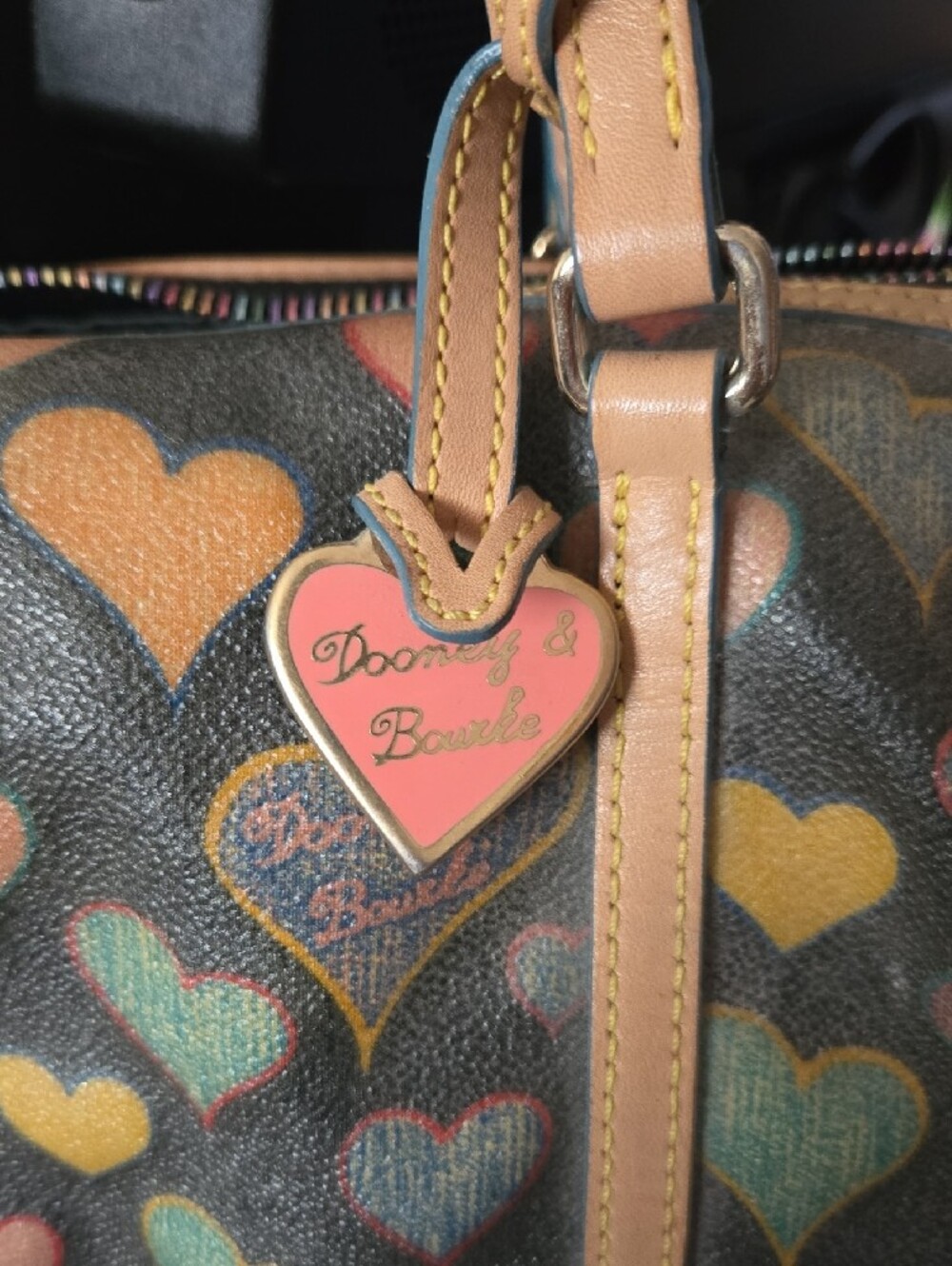 Dooney & Bourke Black Heart Print Barrel Bag with Tan Trim - Picture 3 of 13